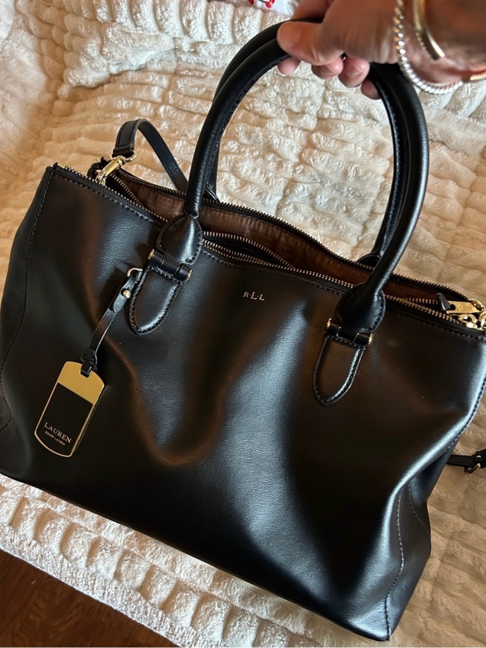 Ralph Lauren Black Leather Top-Handle Tote with RLL Tag